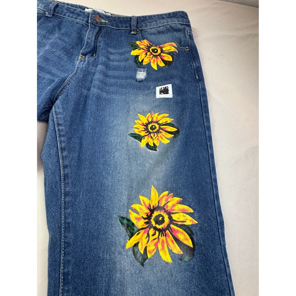 Misslook Sunflower Print Distressed Straight Leg Denim Jeans Blue 2XL boho art - Picture 9 of 14